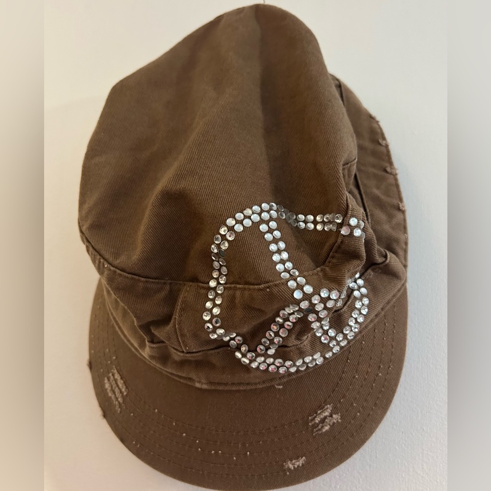 AG Adriano Goldschmied Brown Cap with Rhinestone Peace Sign